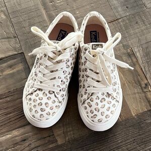 Keds Girls White Canvas Sneakers Taupe Leopard Print Size